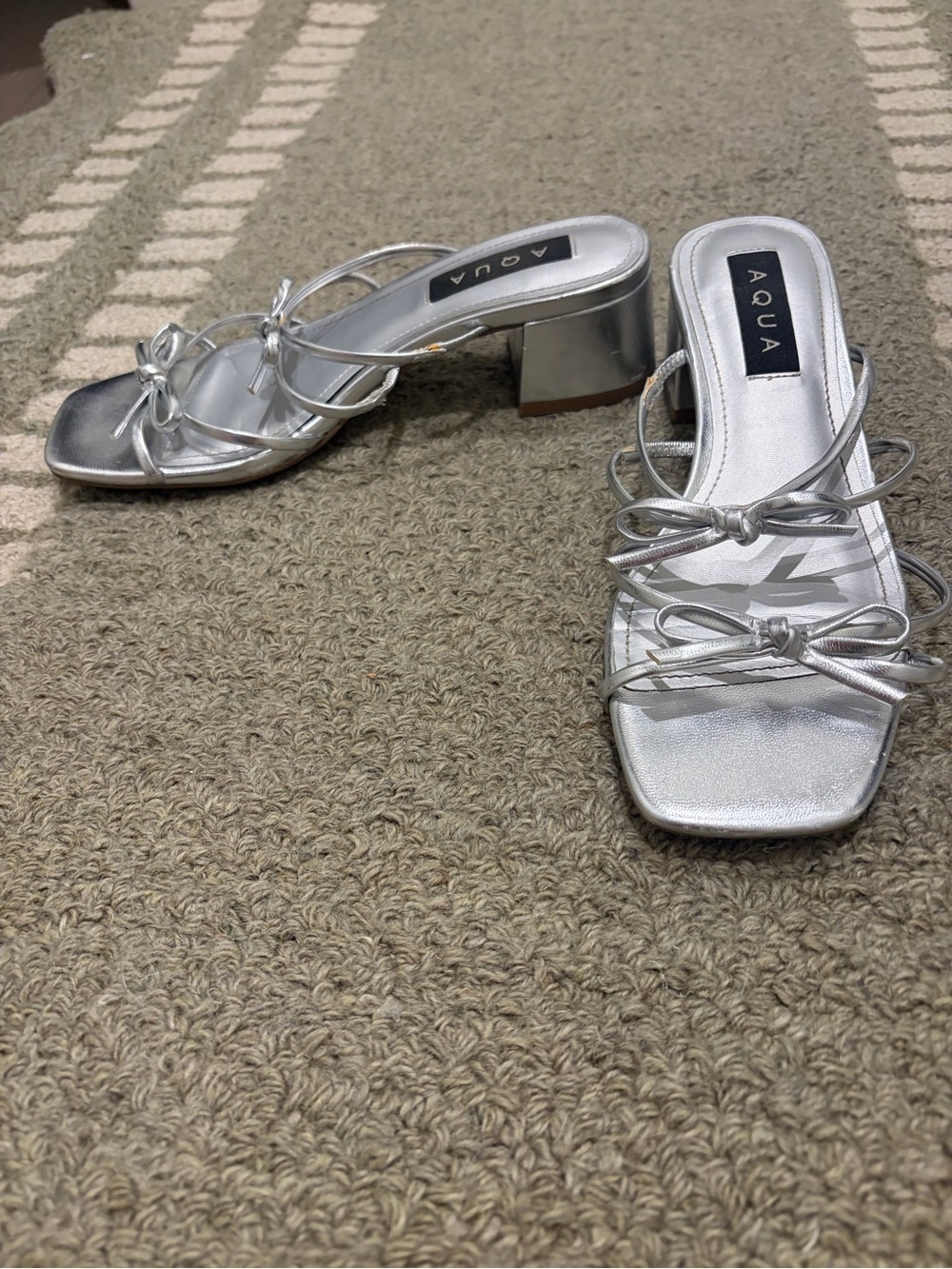 Aqua Metallic Silver Knot-Strap Block Heel Sandals
